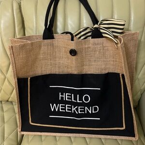 Hello Weekend Burlap Tote Bag with Black Pocket